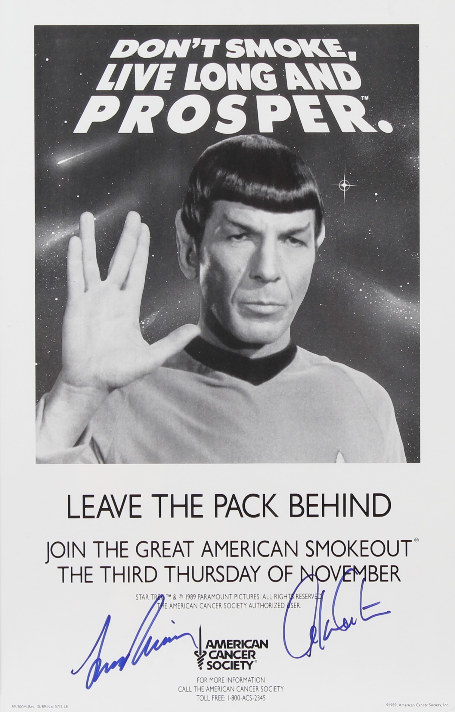 Poster showing Leonard Nimoy as Spock, holding his hand in the Vulcan greeting gesture, with the headline Don't Smoke. Live Long and Prosper. It is autographed by both Nimoy and William Shatner.