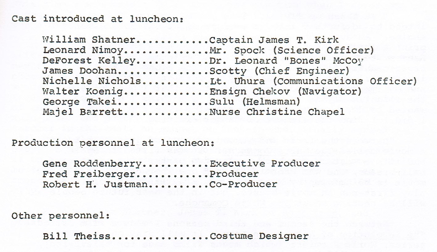 An excerpt from Inside Star Trek. It is a list of Star Trek stars and production crew in attendance at a media lunch in 1968.