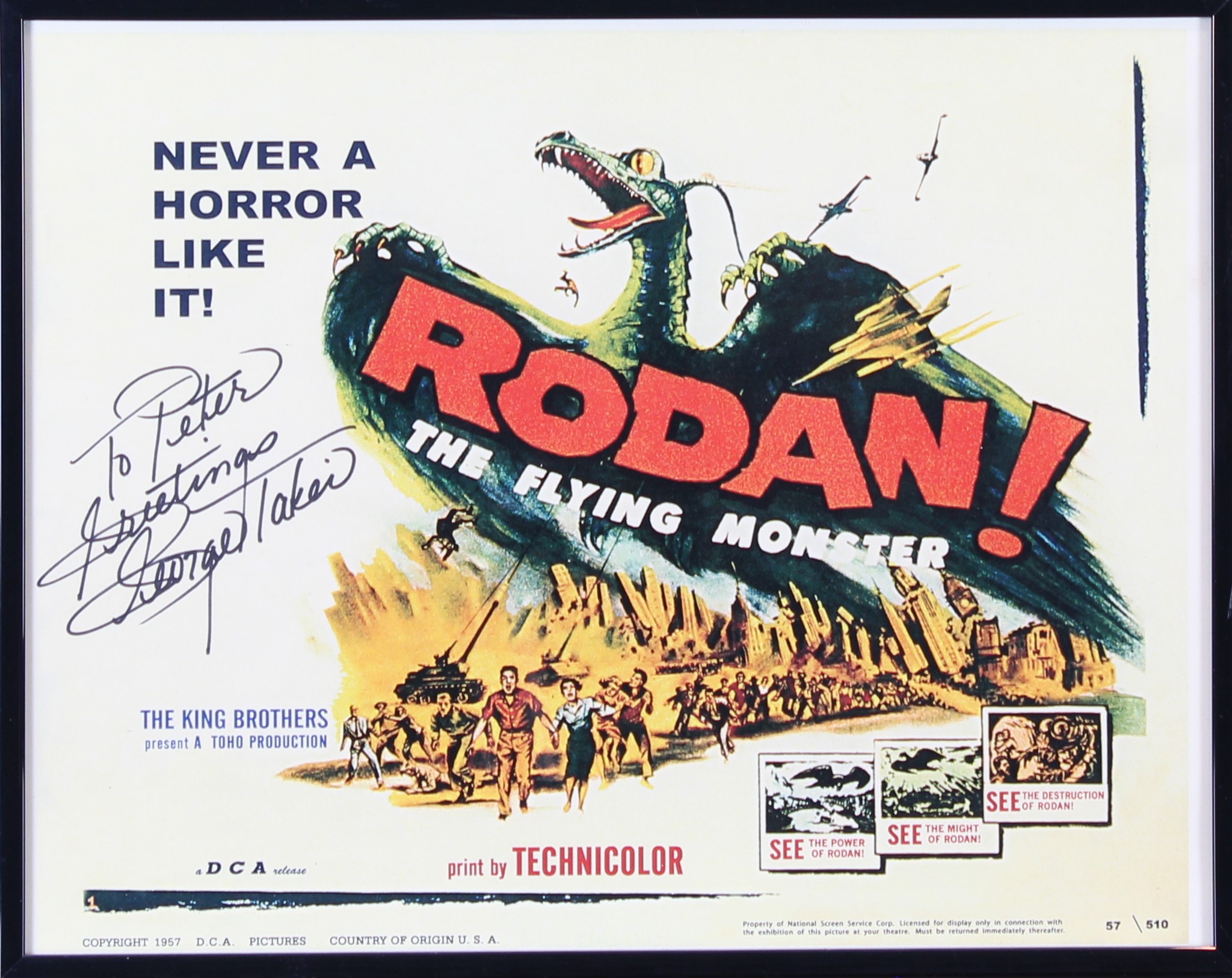 Lobby card for the Japanese science-fiction movie Rodan, signed by George Takei to Peter. In the image, people flee from a large winged monster.