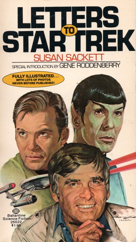 The cover of the book Letters to Star Trek, showing a drawing of Captain Kirk, Mr. Spock and Gene Roddenberry