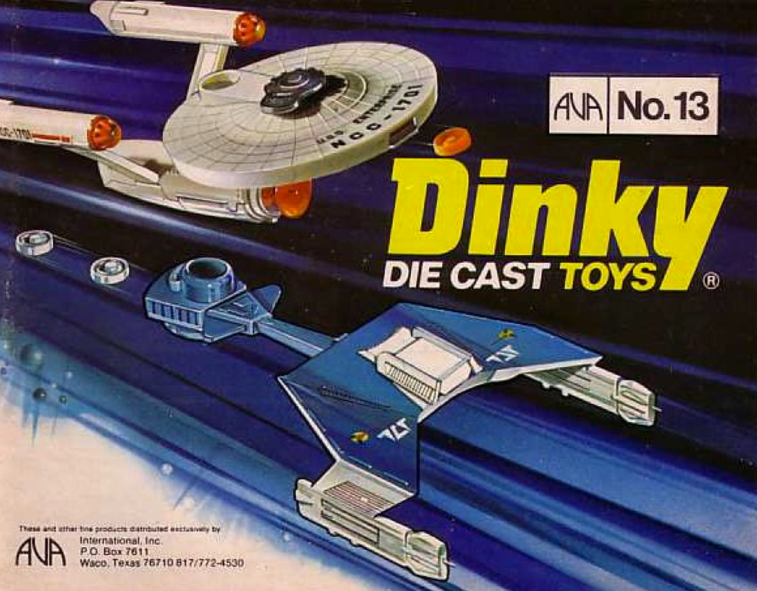 A catalog image showing the Dinky aluminum Enterprise and Klingon Star Trek ships, and showing that they fire round plastic "torpedoes." 