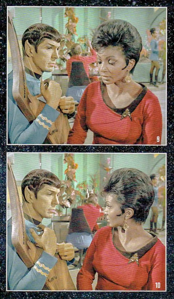 Two photos of a deleted scene from the book Lost Scenes, showing Spock and Uhura discussing Spock's harp on the recreation deck.