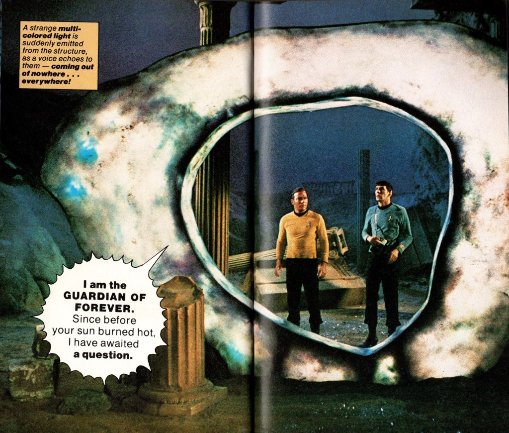 Image from Fotonovel 1, on the planet with the Guardian of Forever and Kirk and Spock.