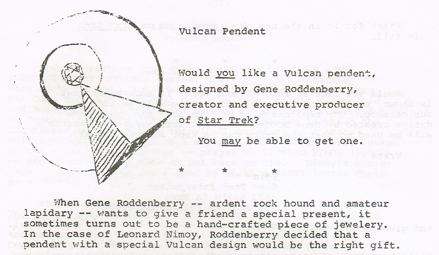An excerpt from Inside Star Trek. It is an ad asking readers if they would be interested in purchasing a Vulcan IDIC pendant.
