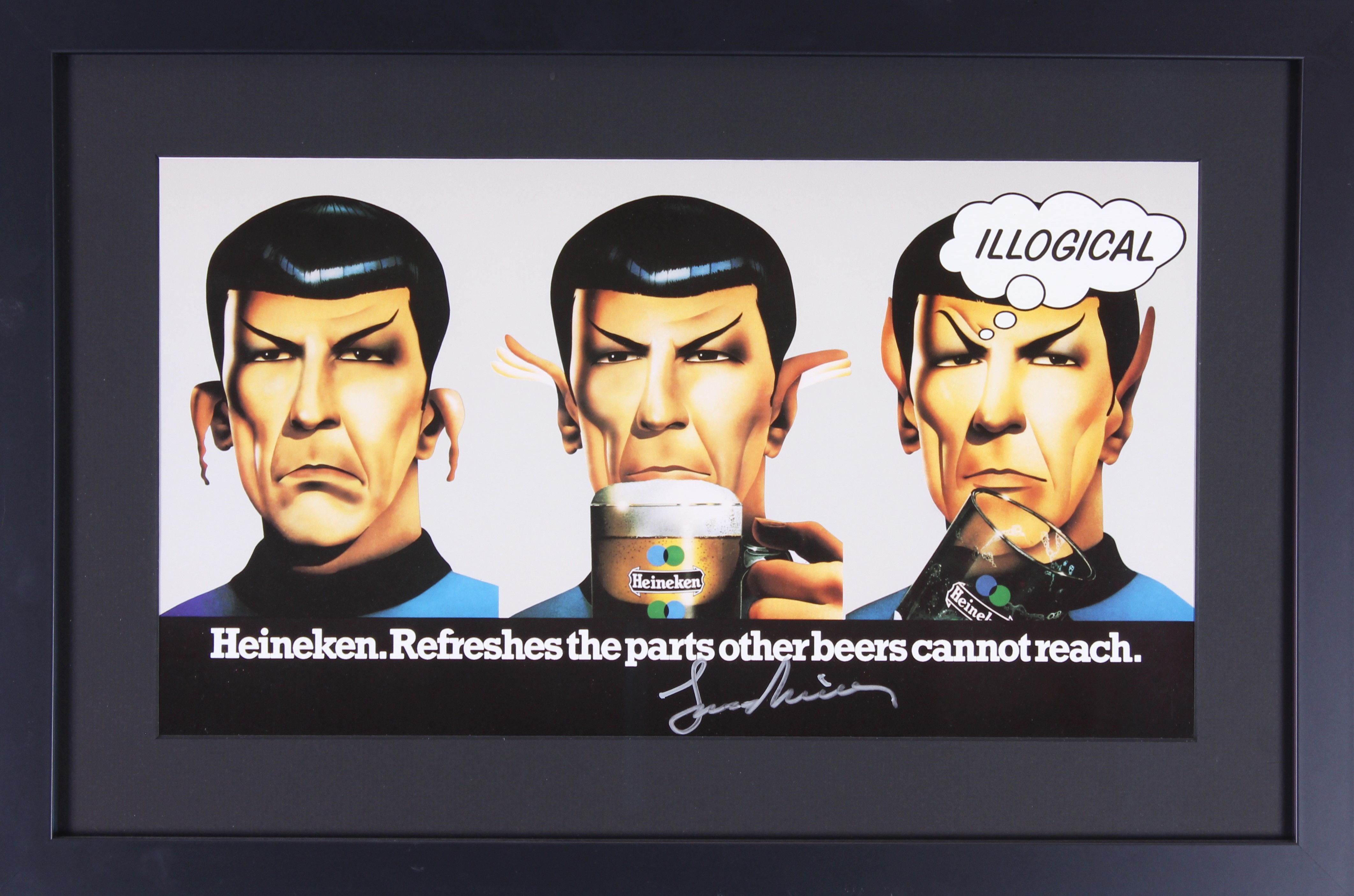 Poster showing three illustrations of Star Trek's Mr. Spock. In the left image his ears droop, in the middle his ears are partially standing and he is about to drink from a Heineken mug, and on the right his ears are standing straight and a thought balloon reads "Illogical." It is signed by Leonard Nimoy.