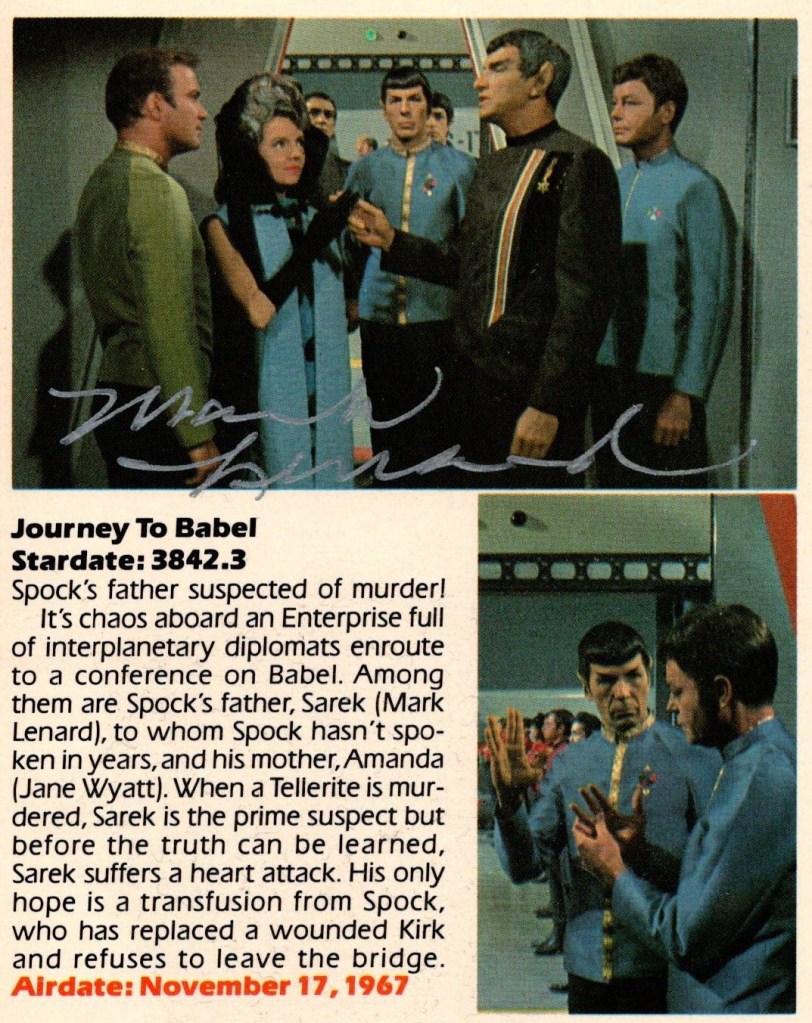 The back of the Journey to Babel VHS package, showing Mark Lenard's autograph. 