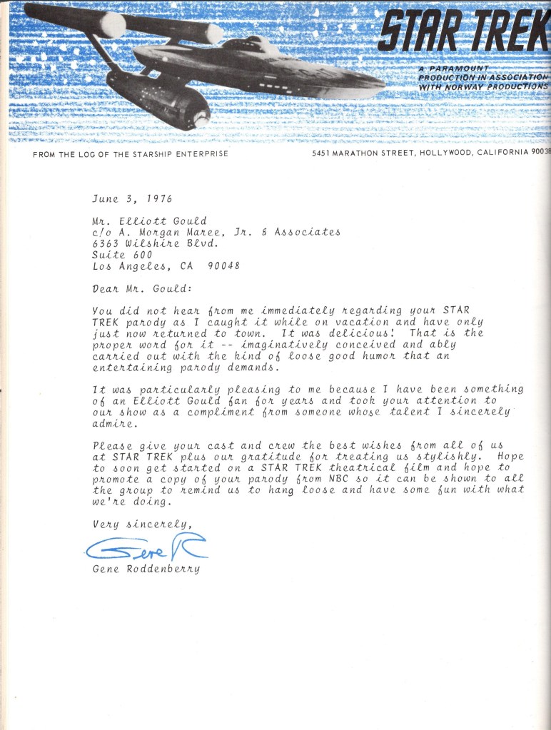 The letter Gene Roddenberry wrote to Elliot Gould, on Star Trek letterhead