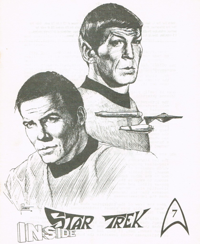 The cover of Inside Star Trek 7, with a drawing of Kirk and Spock with a small Enterprise. 