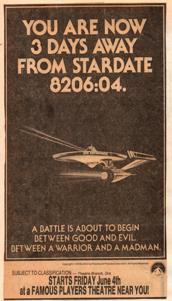 A newspaper ad for Star Trek II, with a poorly drawn Enterprise.