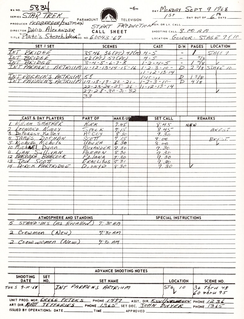 A call sheet for the episode Plato's Stepchildren, dated September 9, 1968. It shows a cast list along with make-up and set-call times.