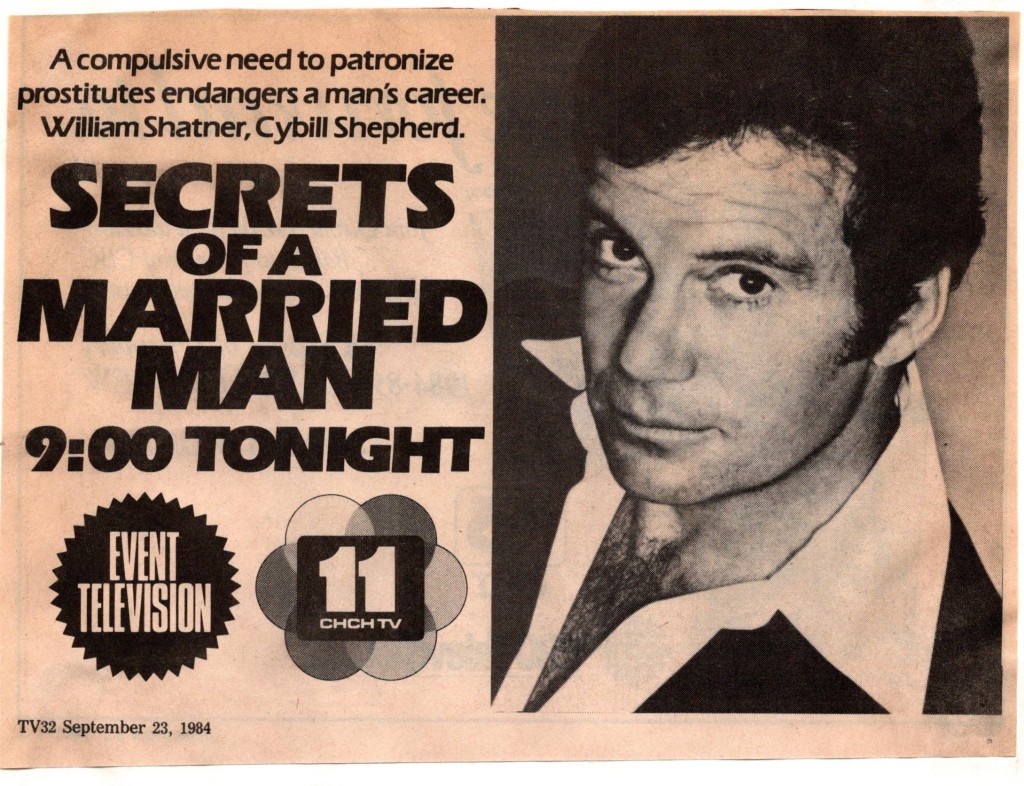 An ad for the TV movie The Secrets of a Married Man, with a very "sexy" shot of Shatner