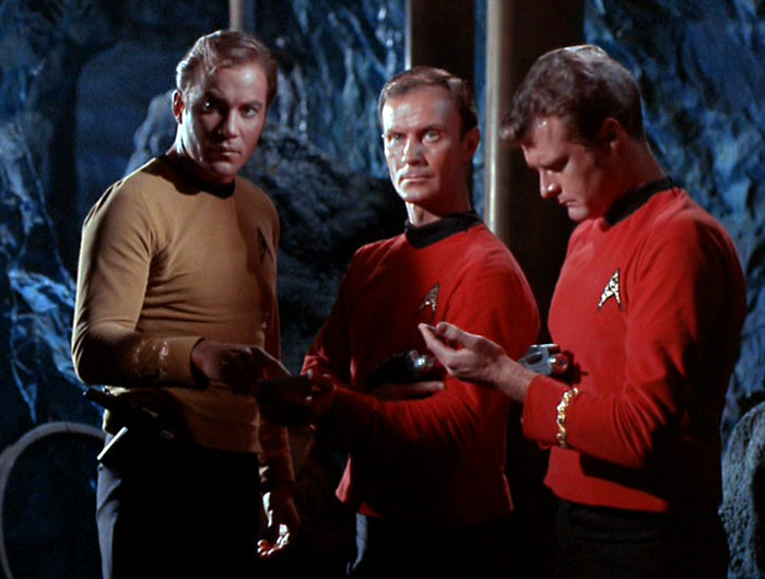 A scene from the Star Trek episode The Devil in the Dark, in which Captain Kirk is briefing two security guards on the search for the Horta.