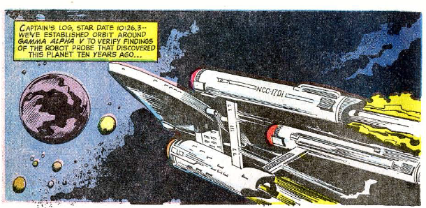 The Enterprise with flames shooting from the nacelles and shuttle bay, in one of Gold Key's Star Trek comics. 