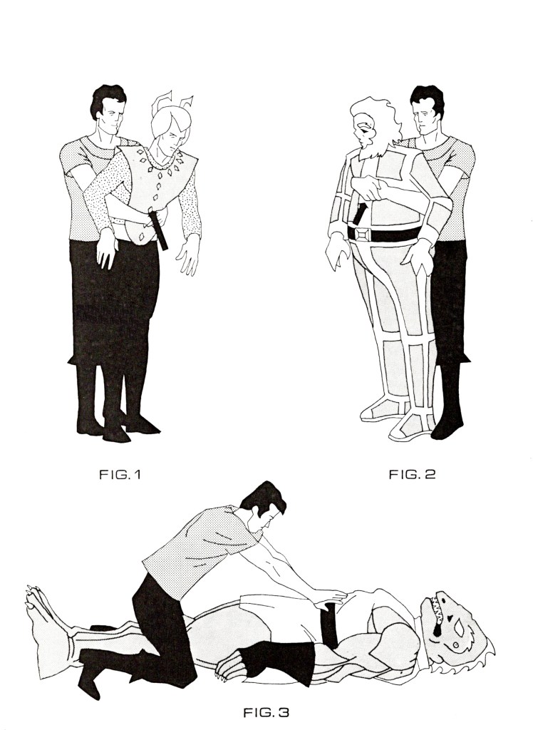An illustration showing the Heimlich Maneuver on an Andorian, a Tellarite and a Gorn.