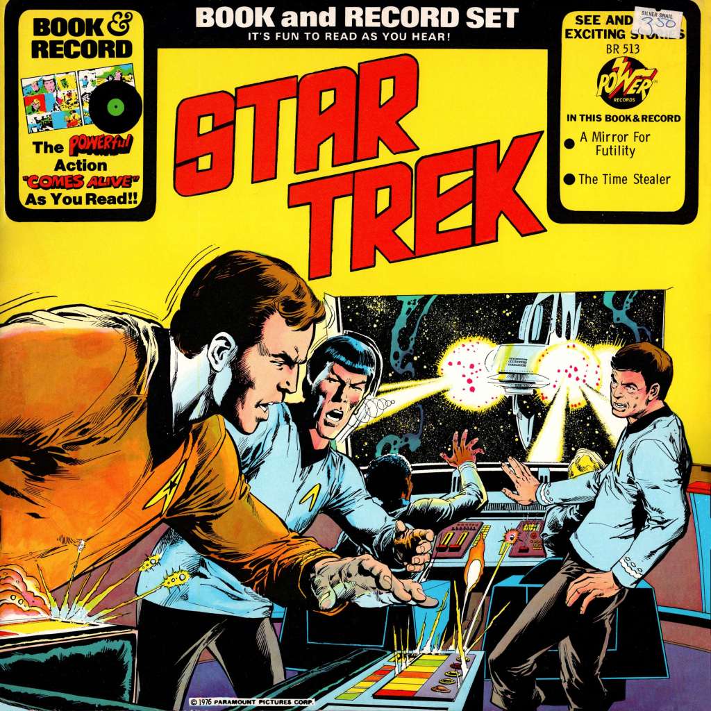 The cover of the 1976 Star Trek album from Power Records, featuring Kirk, Spock, McCoy and Sulu reacting to a threat seen on the main viewscreen. 