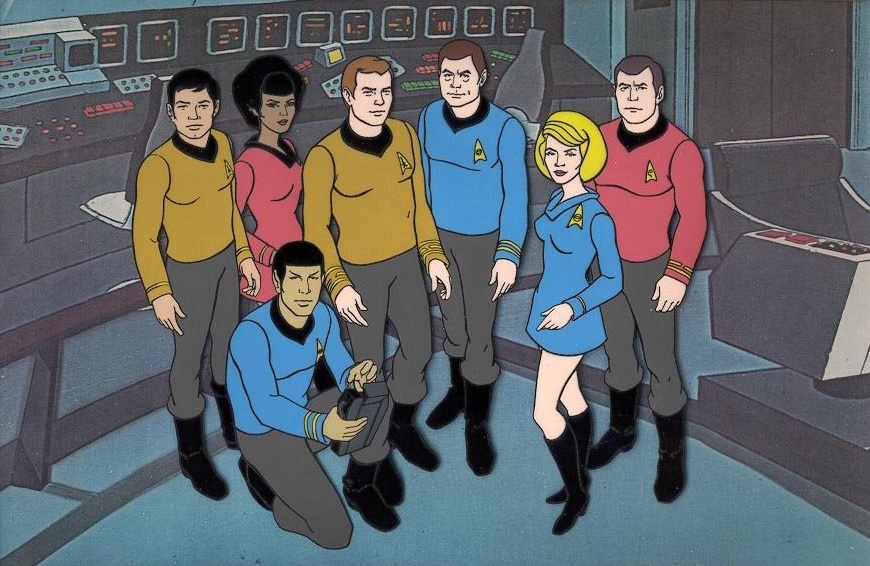 A drawing of the main cast on the bridge, from the animated series.