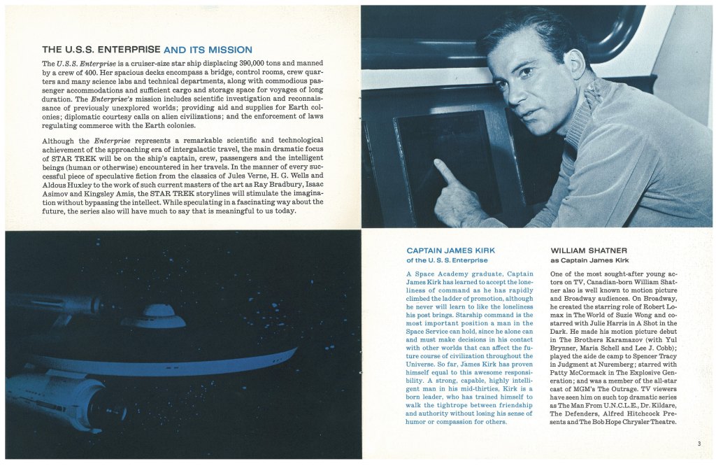 A double page from the promo booklet for Star Trek, showing the Enterprise and a publicity photo of Kirk, and offering a brief write-up on the ship, the captain, and William Shatner. 