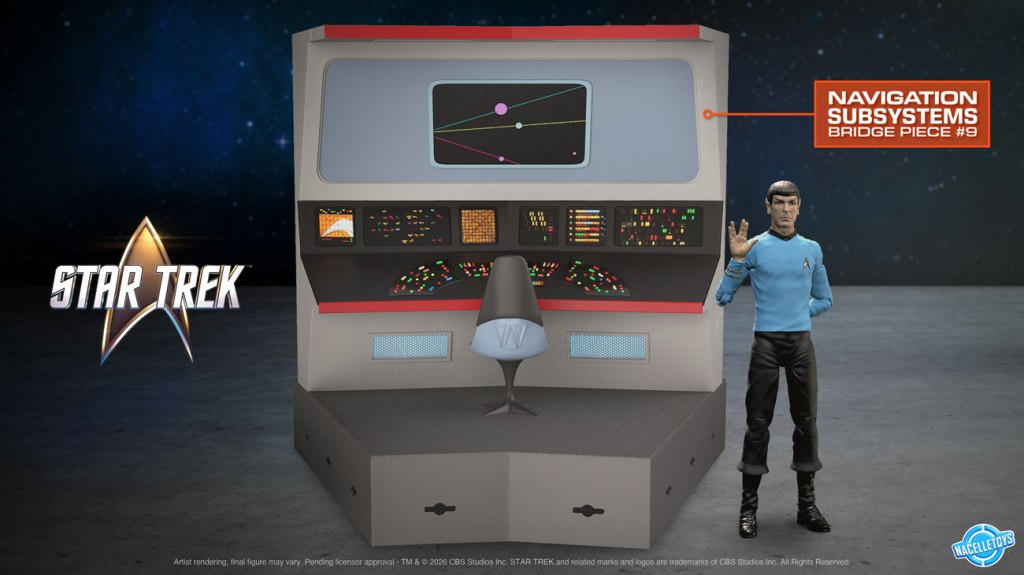 A 1/10 scale figure of Spock is seen giving the Vulcan salute and standing in front of one of the new bridge consoles. 