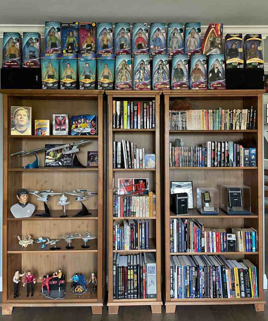 Three large bookcases, with neat displays of books, models, and toys, and with the double-decker Playmates figure display on top. 24 figures are visible. 
