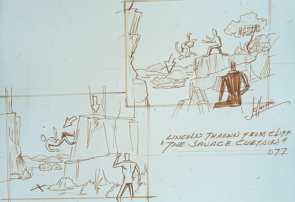 Jefferies' production sketch, depicting one person throwing another person off a cliff.